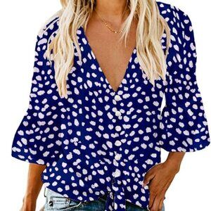 Kancystore Size Medium Navy Polka Dot V-Neck Chiffon Tie Knot Front Top
